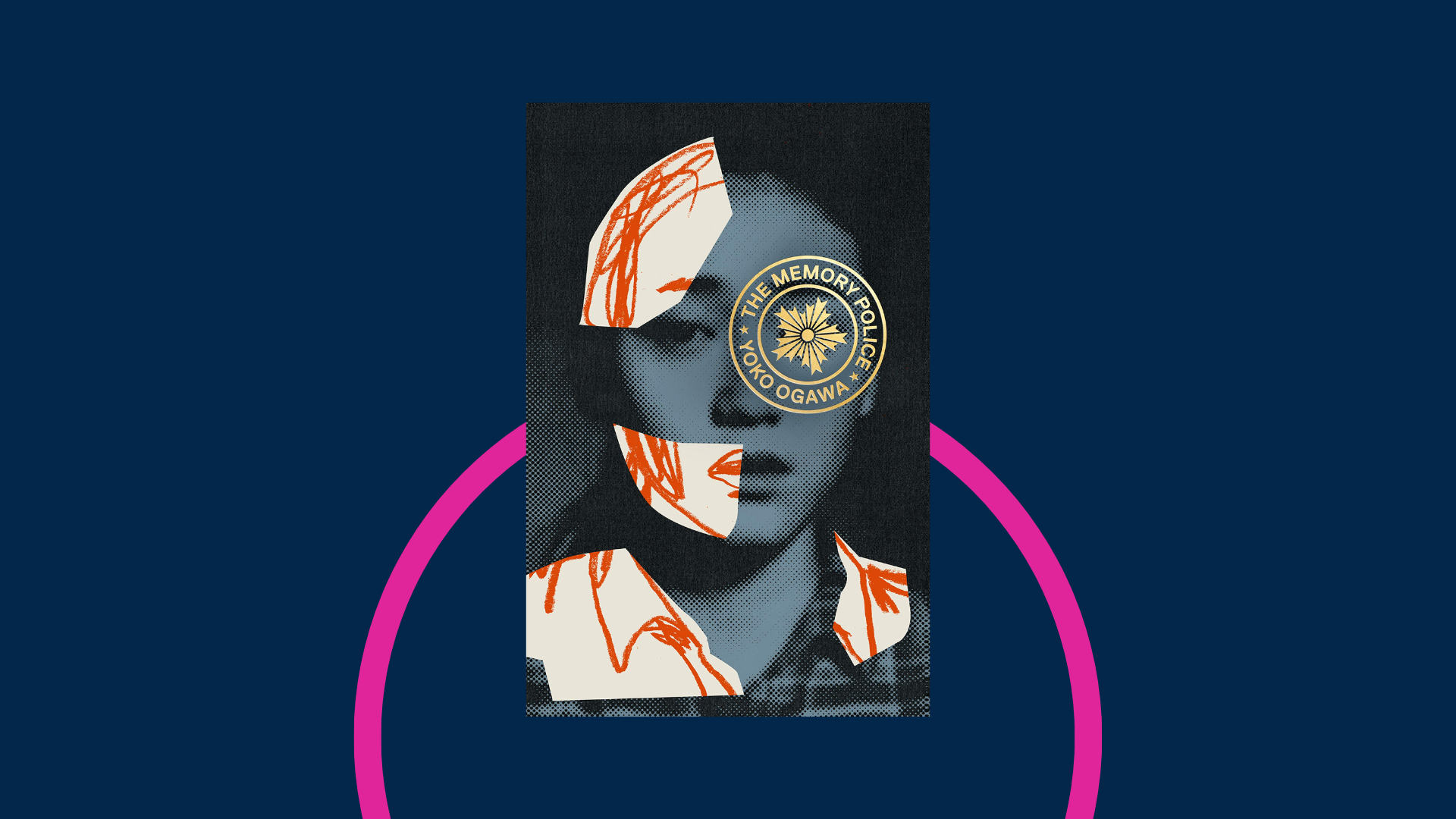Book cover of the Memory Police on a graphic background. Cover features a woman's face in dark blue, with various sections covered over by rough sketches.